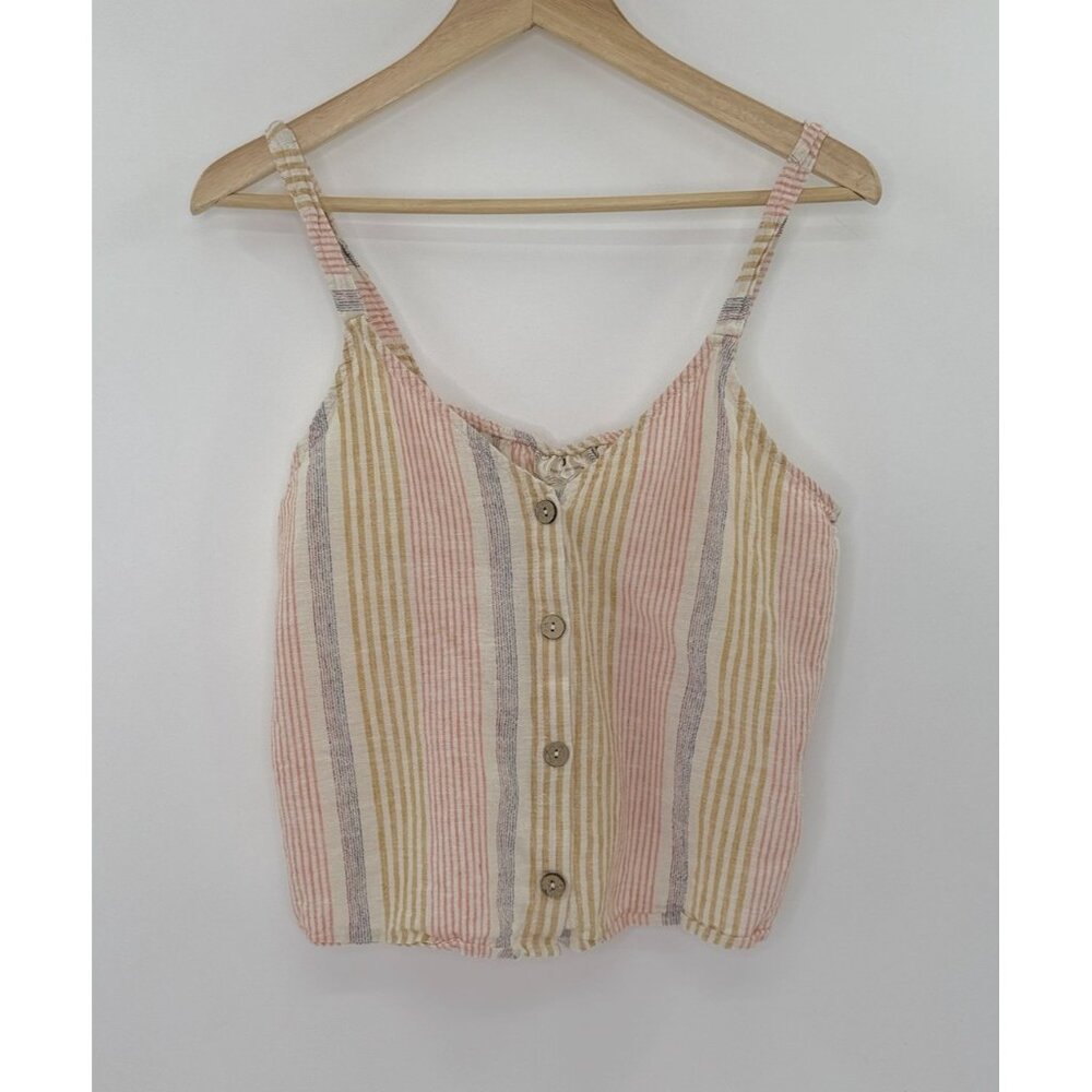 Ruby Moon Linen Cotton Striped Button Up Cropped Blouse Sz‎ L Boho Festival